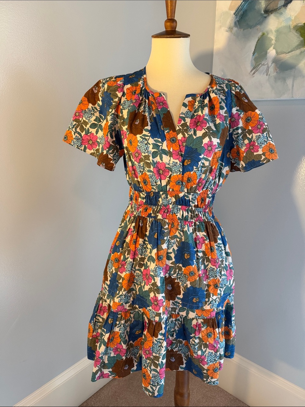 Floral Short-Sleeve Cotton Dress in Multi-Color